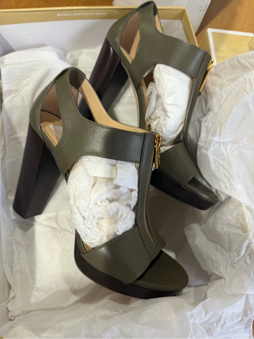 Michael Kors Olive Green Leather Block Heel Sandals with Gold Zip
